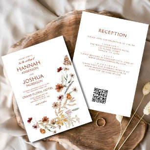 Convites Boho Wildflower Beige All in One QR Code Wedding