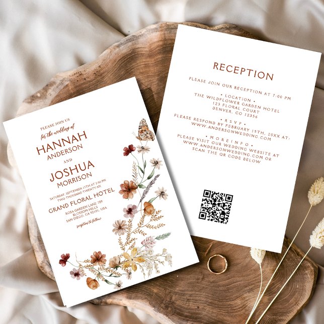 Convites Boho Wildflower Beige All in One QR Code Wedding (Criador carregado)
