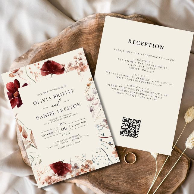 Convites Boho Wildflower Beige All in One QR Code Wedding (Criador carregado)