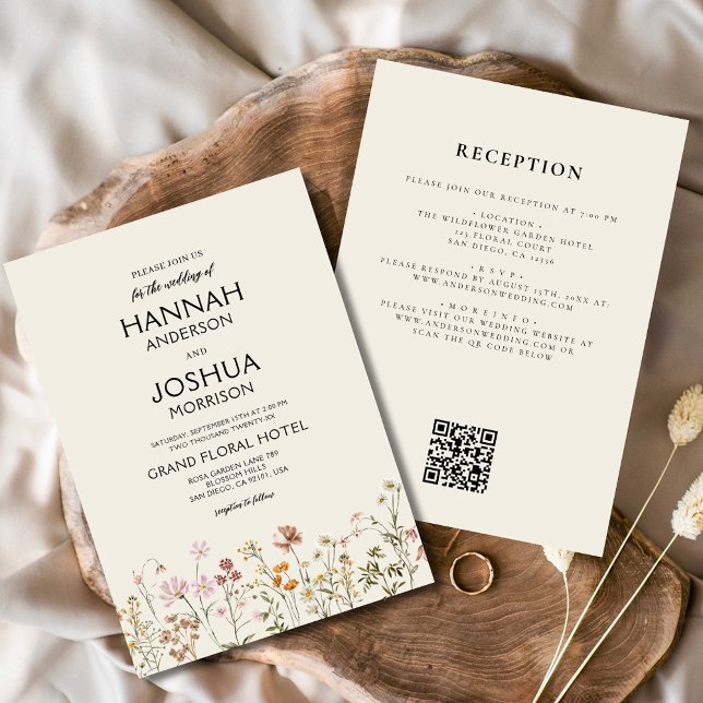 Convites Boho Wildflower Beige All in One QR Code Wedding (Criador carregado)