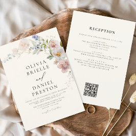 Convites Boho Wildflower Beige All in One QR Code Wedding