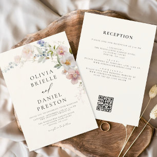 Convites Boho Wildflower Beige All in One QR Code Wedding