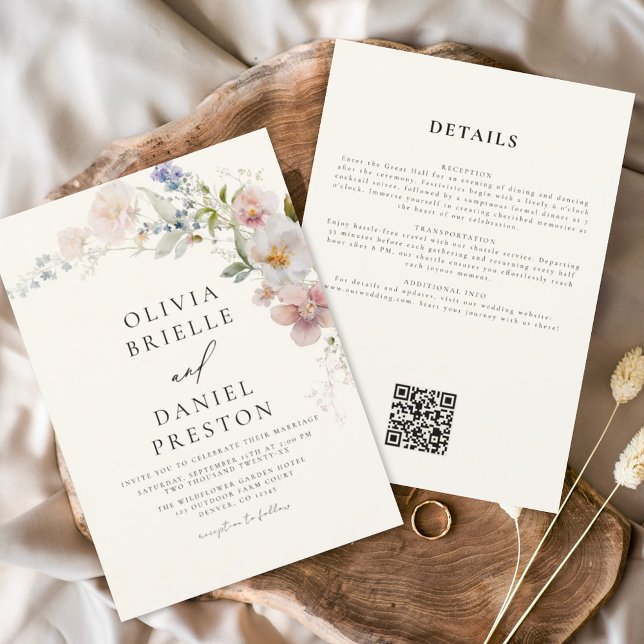 Convites Boho Wildflower Beige All in One QR Code Wedding (Criador carregado)
