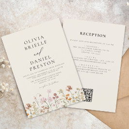 Convites Boho Wildflower Beige All in One QR Code Wedding