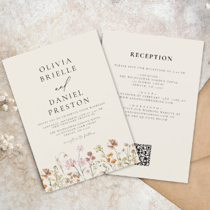 Convites Boho Wildflower Beige All in One QR Code Wedding