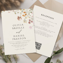 Convites Boho Wildflower Beige All in One QR Code Wedding