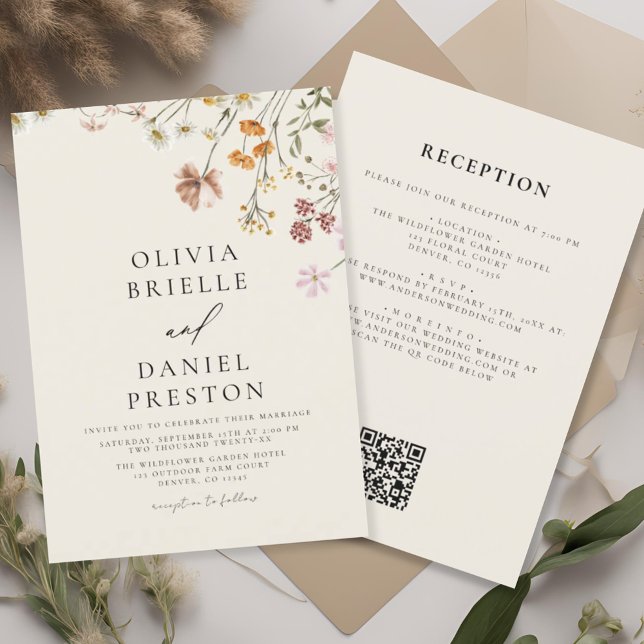 Convites Boho Wildflower Beige All in One QR Code Wedding (Criador carregado)