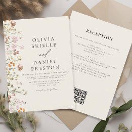Convites Boho Wildflower Beige All in One QR Code Wedding