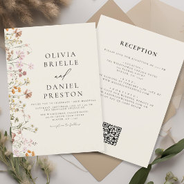 Convites Boho Wildflower Beige All in One QR Code Wedding