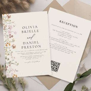 Convites Boho Wildflower Beige All in One QR Code Wedding