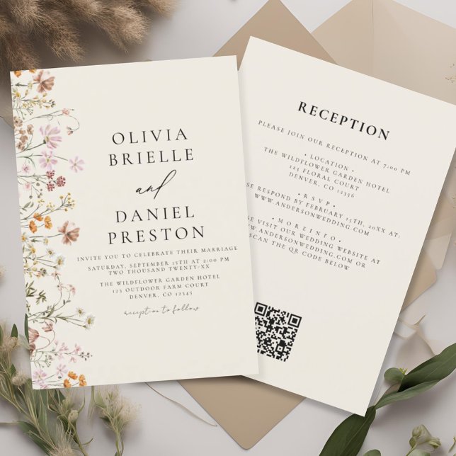 Convites Boho Wildflower Beige All in One QR Code Wedding (Criador carregado)