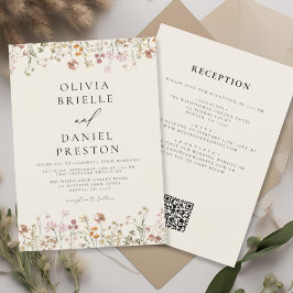 Convites Boho Wildflower Beige All in One QR Code Wedding