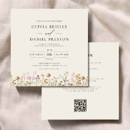 Convites Boho Wildflower Beige All in One QR Code Wedding