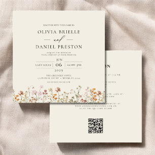Convites Boho Wildflower Beige All in One QR Code Wedding
