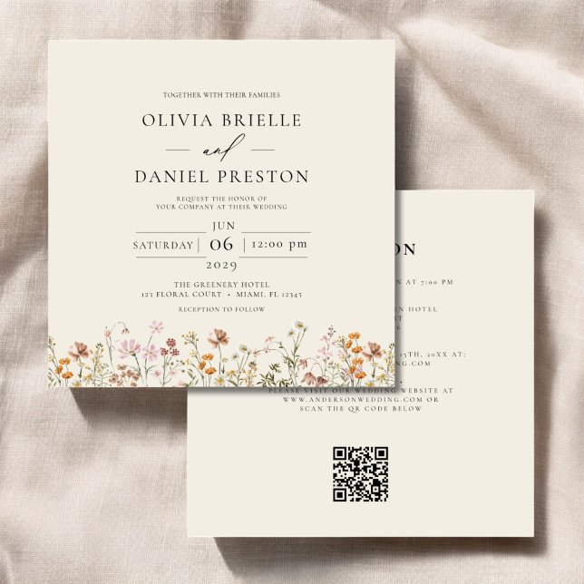 Convites Boho Wildflower Beige All in One QR Code Wedding (Criador carregado)