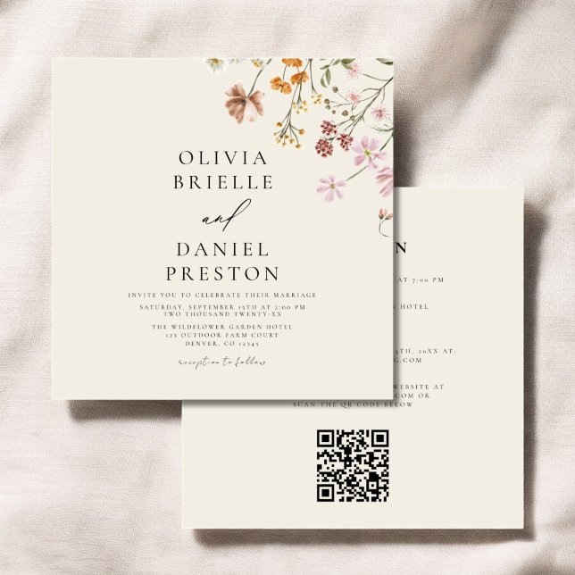 Convites Boho Wildflower Beige All in One QR Code Wedding (Criador carregado)