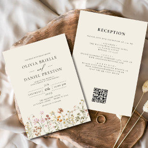Convites Boho Wildflower Beige All in One QR Code Wedding