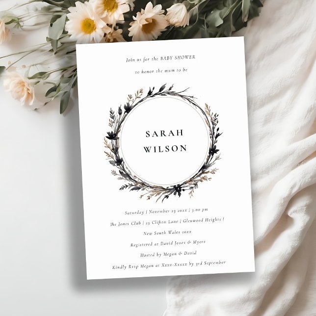 Convites Boho Wildflower Black Fall Wreath Chá de fraldas (Criador carregado)