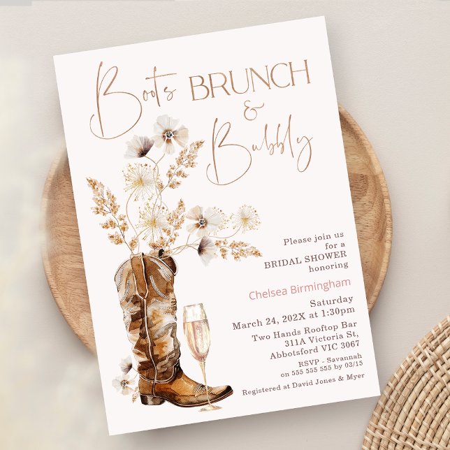 Convites Boho Wildflower Boots Brunch Chá de panela (Boho Floral Boots Brunch Bubbly Bridal Shower Invitation, Wildflowers Boots Bubble Bridal Shower)