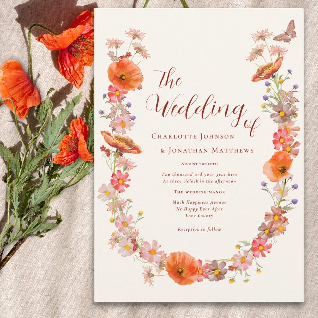 Convites Boho Wildflower Butterfly Terthy (Boho wildflower butterfly wedding invitation in orange brown and peach watercolor florals)