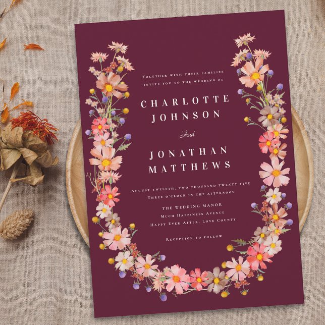 Convites Boho Wildflower Casamento outono (Burgundy boho fall floral wreath wedding invitation Watercolor wildflowers elegant modern)
