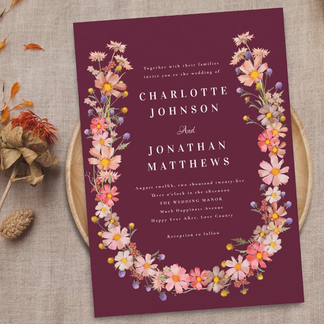 Convites Boho Wildflower Casamento outono (Boho fall wildflower rustic floral wreath burgundy wedding qr code invitation Elegant watercolor )