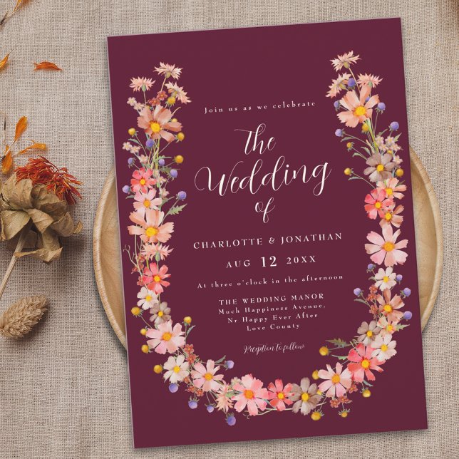 Convites Boho Wildflower Casamento outono (Boho rustic floral fall wedding Invitation burgundy ivory cream elegant script watercolor wildflower)