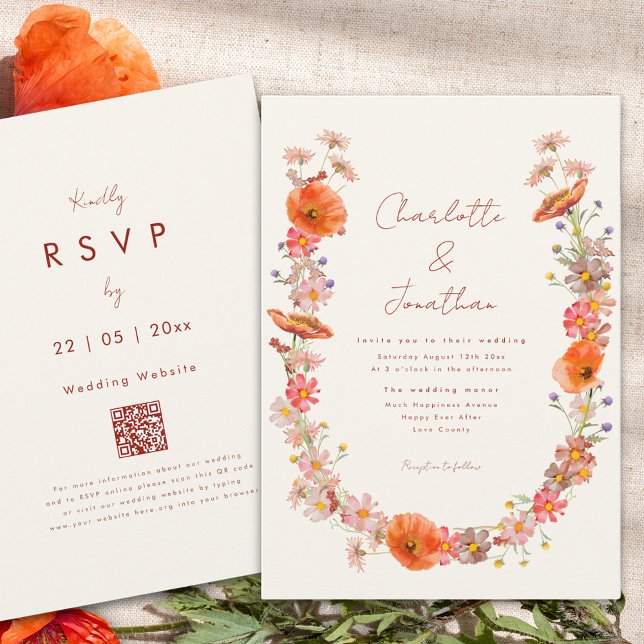 Convites Boho Wildflower Casamento outono (Boho wildflower wreath fall wedding invitation orange peach brunt orange whimsical script)
