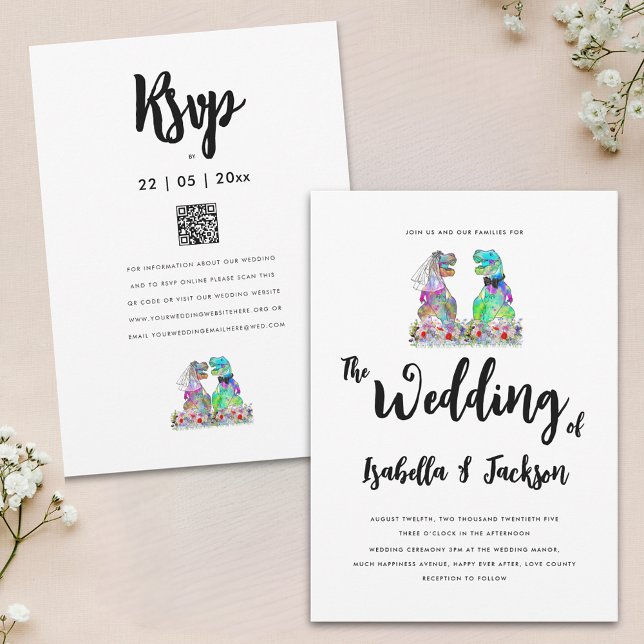 Convites Boho Wildflower Dinosaur Bride e Casamento de Groo (Dinosaur theme wildflower wedding invitation with dino bride and groom wedding rsvp website qr code)