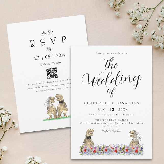 Convites Boho Wildflower Dinosaur Casamento Código QR (Boho wildflower dinosaur wedding invitation with elegant script watercolor florals and qr code)