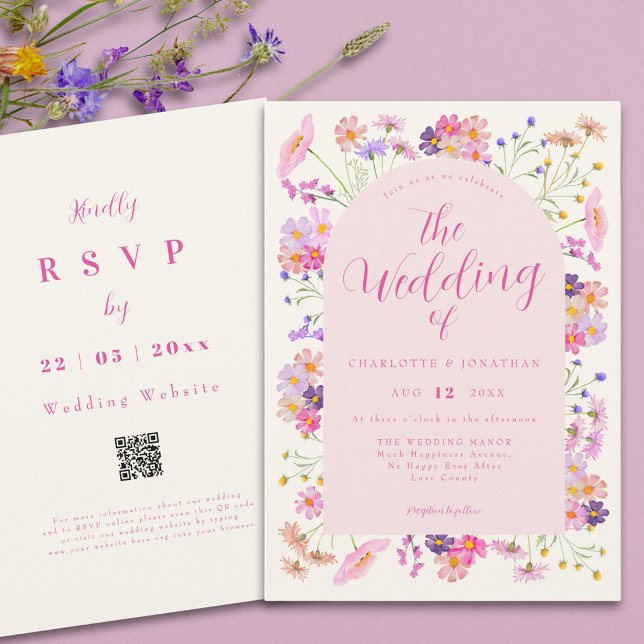 Convites Boho Wildflower Elegant Pink Código QR Casamento (Boho wildflower pink script wedding qr code invitation )