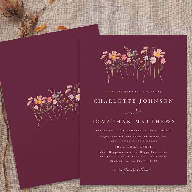 Convites Boho Wildflower Fall Burgundy Blush Pink Casamento (Wildflower boho fall floral burgundy blush pink Wedding invitation Watercolor whimsical flowers)