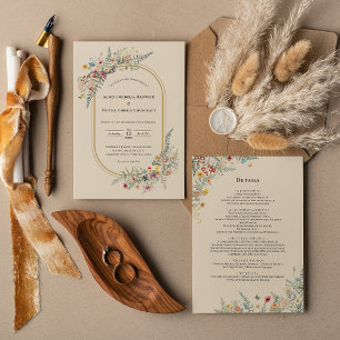 Convites Boho Wildflower Fern Beige Detalhes do Casamento e