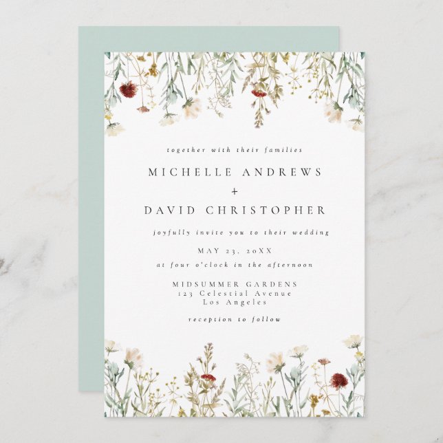 Convites Boho Wildflower Field Wedding Invitation (Frente/Verso)