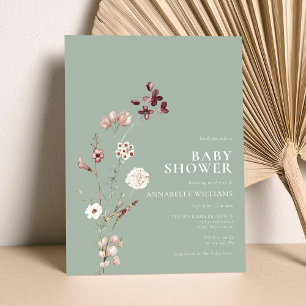 Convites Boho Wildflower Floral Sage Green Chá de fraldas