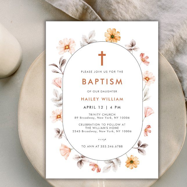Convites Boho Wildflower Frame Cross Baptism Minimalista (Minimalist Boho Wildflower Frame Cross Baptism Invitation)