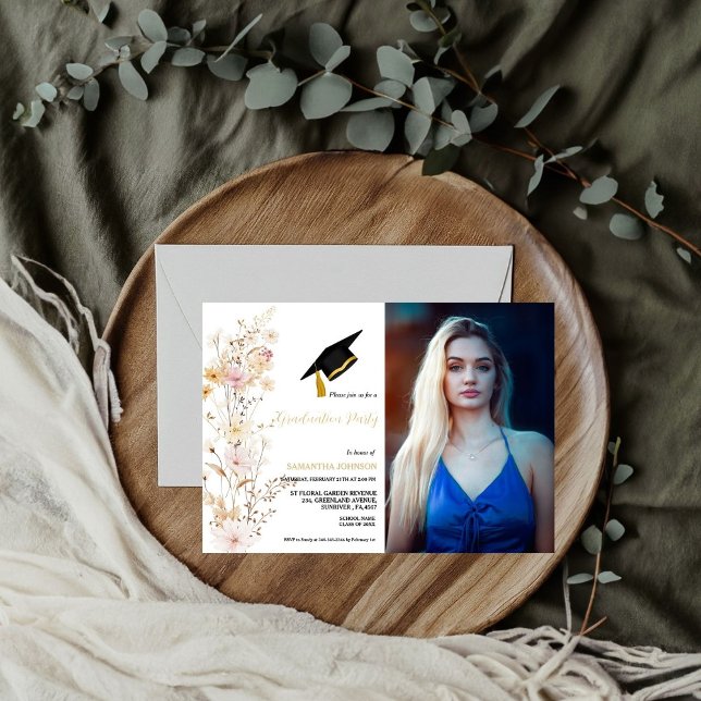 Convites Boho Wildflower Grass Girl Festa de formatura (Criador carregado)