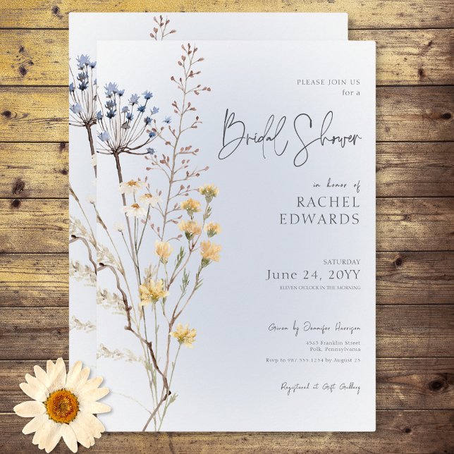 Convites Boho Wildflower Modern Blue Chá de panela (Boho Wildflower Modern Blue Bridal Shower Invitation)