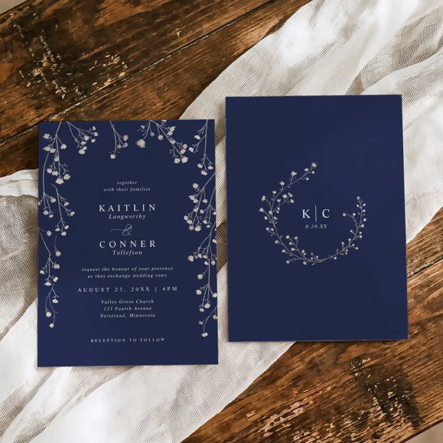 Convites Boho Wildflower Navy Blue Baby's Breath Wedding (Boho vintage wildflower Baby's Breath Wedding invitations in navy blue.)