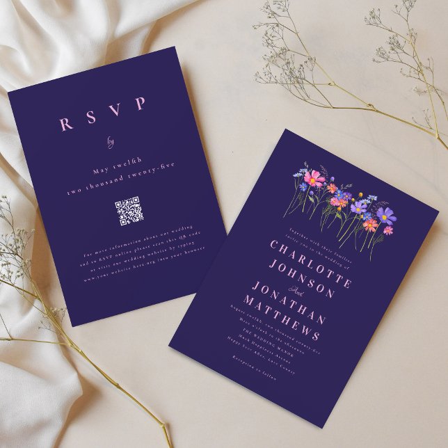 Convites Boho Wildflower Navy Blue Pink Wedding QR Code (Elegant wildflower vibrant blue pink floral navy blue wedding qr code invitation)