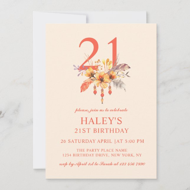Convites Boho Wildflower Outono Floral de Aniversário de 21 (Frente)