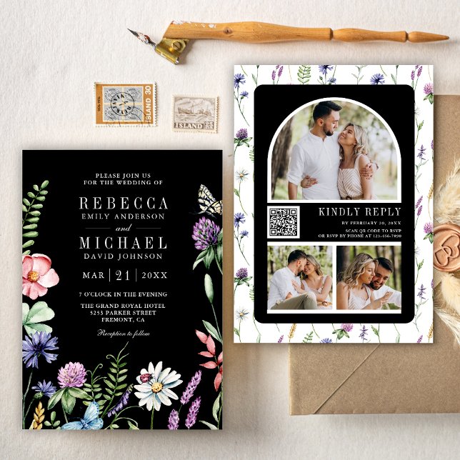 Convites Boho Wildflower Photo Código QR Casamento Preto (Criador carregado)