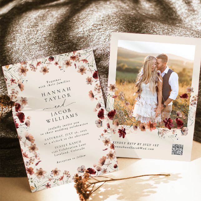 Convites Boho Wildflower Photo Código QR Casamento RSVP (Criador carregado)