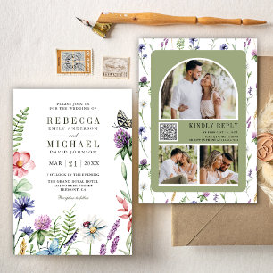 Convites Boho Wildflower Photo Collage Código QR Casamento