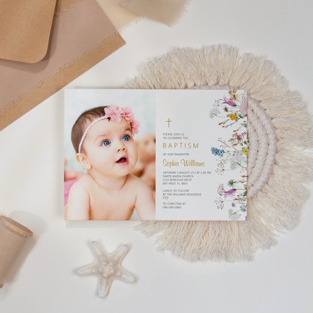 Convites Boho Wildflower Photo Girl Baptism (Criador carregado)