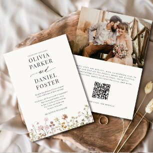 Convites Boho Wildflower QR Code Foto Casamento Minimalista