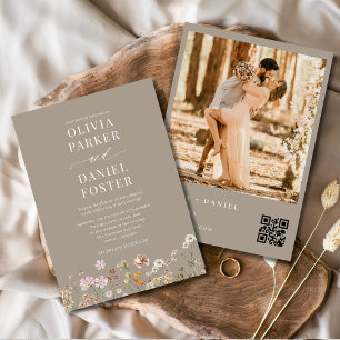 Convites Boho Wildflower QR Code Foto: Casamento Taupe