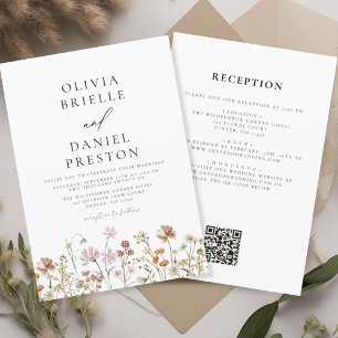 Convites Boho Wildflower Rustic All in One QR Code Wedding