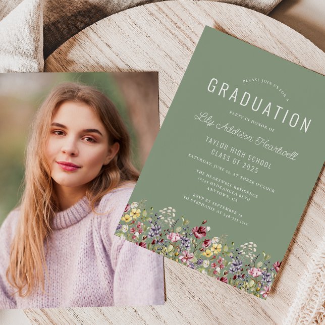 Convites Boho Wildflower Sage Graduação em Foto Verde (Criador carregado)