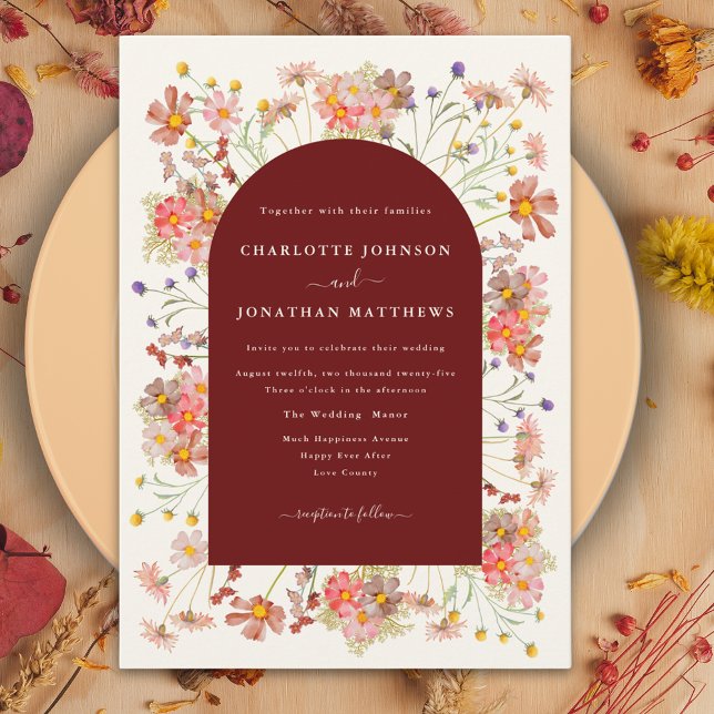 Convites Boho Wildflower Terracotta Arch Casamento outono (Terracotta burnt orange coral boho wildflower fall wedding invitation )